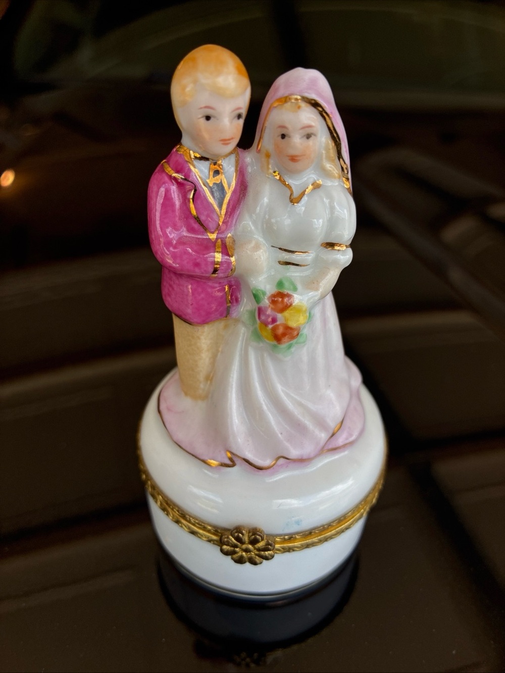 Vintage Bride & Groom Trinket Box - Pink Accents Wedding